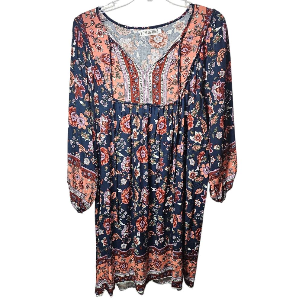 Temofon Summer Floral 3/4 Sleeve V-Neck Flowy Loose Casual Beach Boho Dress L